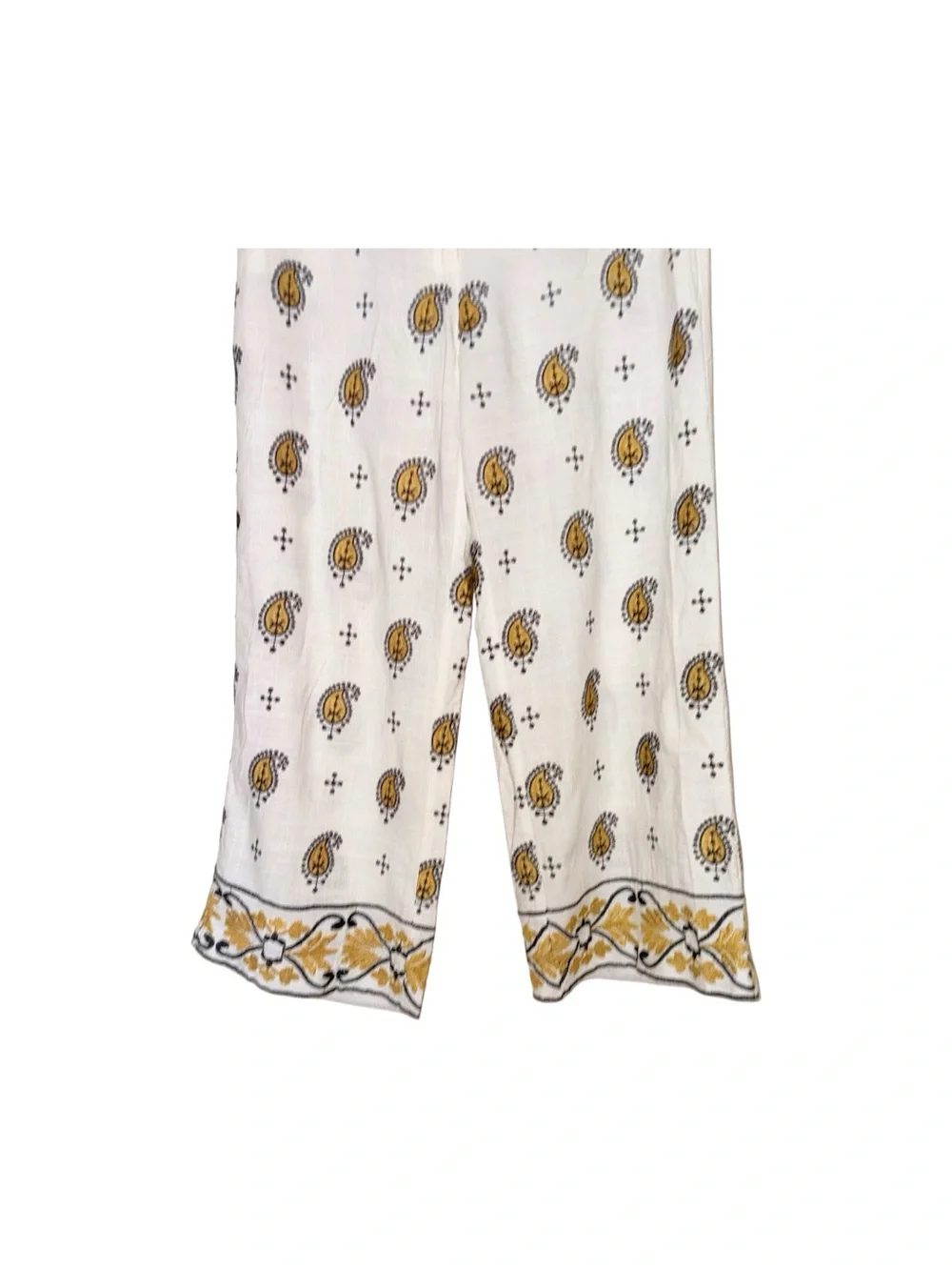 ZARA. White Yellow Embroidered Linen Blend Wide Leg Pants Side Pockets XL